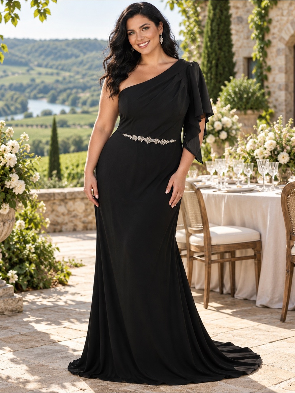 ⚫️⚫️🐞Azazie Black One-Shoulder Gown with Crystal Waist Appliqué